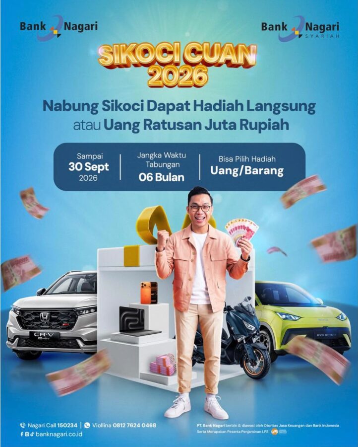 Bank Nagari Luncurkan SIKOCI CUAN 2026, Nabung Bisa Dapat Hadiah Langsung hingga Ratusan Juta Rupiah