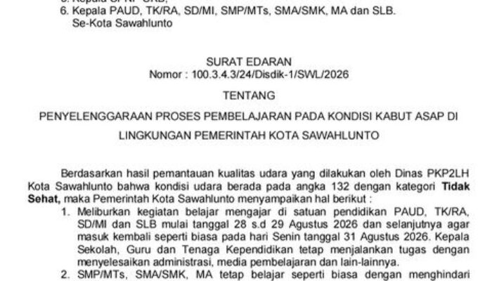 ISPU Sawahlunto Capai 132, PBM PAUD hingga SD Dialihkan ke Daring akibat Kabut Asap